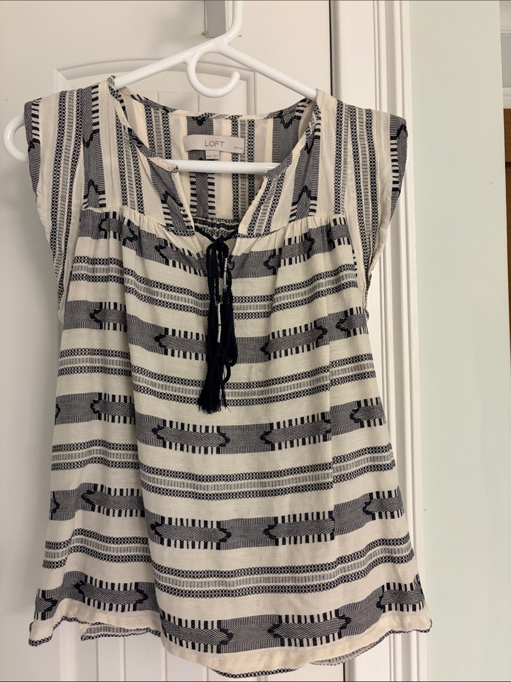 LOFT Cream and Dark Blue Striped Tassel Peasant Camisole
